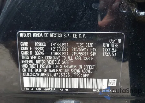 2018 Honda Hr-V Lx из США, поврежденный, VIN 3CZRU6H31JM726326